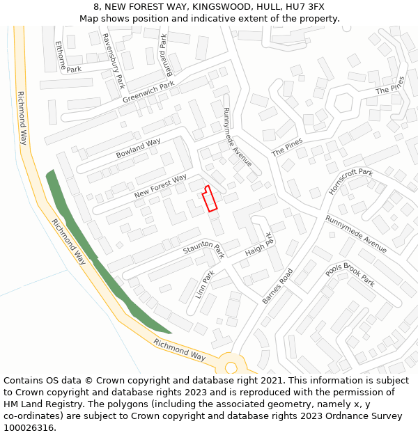 8, NEW FOREST WAY, KINGSWOOD, HULL, HU7 3FX: Location map and indicative extent of plot