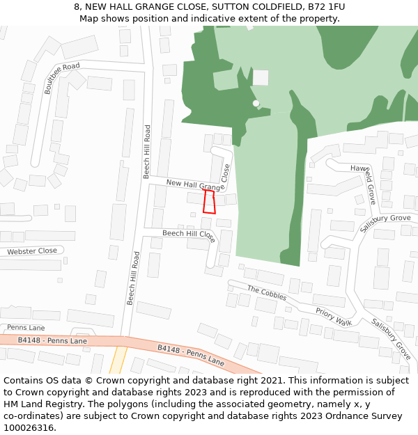 8, NEW HALL GRANGE CLOSE, SUTTON COLDFIELD, B72 1FU: Location map and indicative extent of plot
