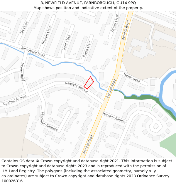 8, NEWFIELD AVENUE, FARNBOROUGH, GU14 9PQ: Location map and indicative extent of plot