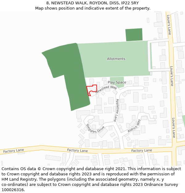 8, NEWSTEAD WALK, ROYDON, DISS, IP22 5RY: Location map and indicative extent of plot