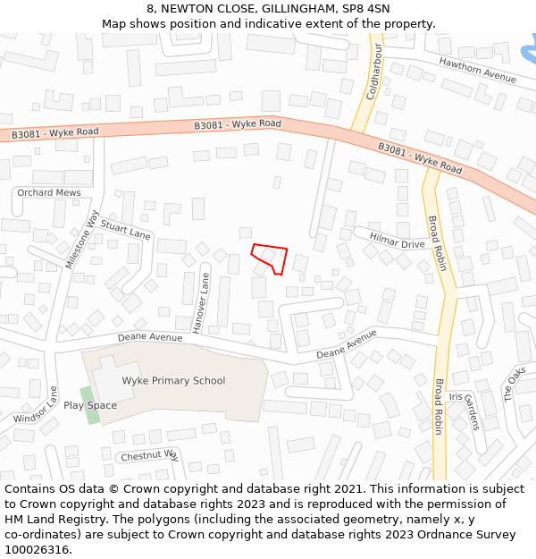 8, NEWTON CLOSE, GILLINGHAM, SP8 4SN: Location map and indicative extent of plot