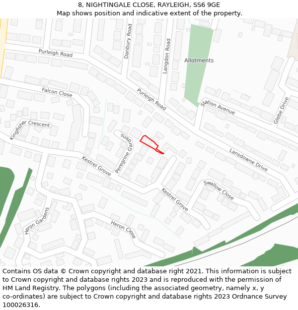 8, NIGHTINGALE CLOSE, RAYLEIGH, SS6 9GE: Location map and indicative extent of plot