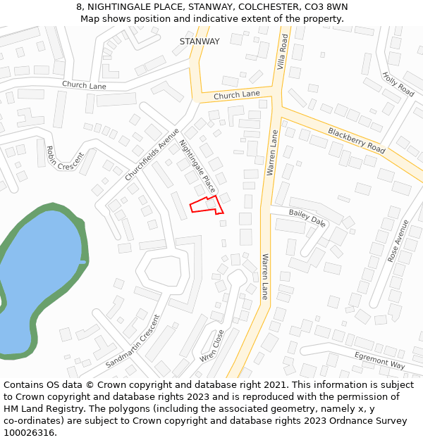 8, NIGHTINGALE PLACE, STANWAY, COLCHESTER, CO3 8WN: Location map and indicative extent of plot