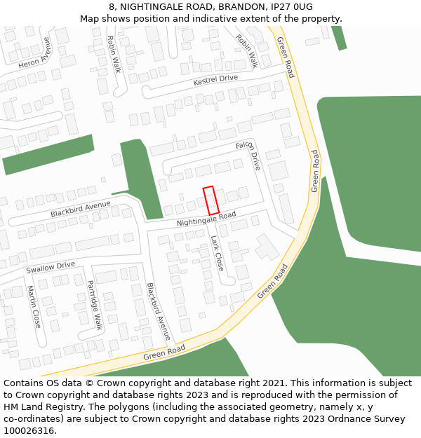 8, NIGHTINGALE ROAD, BRANDON, IP27 0UG: Location map and indicative extent of plot