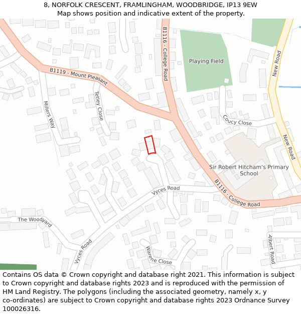 8, NORFOLK CRESCENT, FRAMLINGHAM, WOODBRIDGE, IP13 9EW: Location map and indicative extent of plot