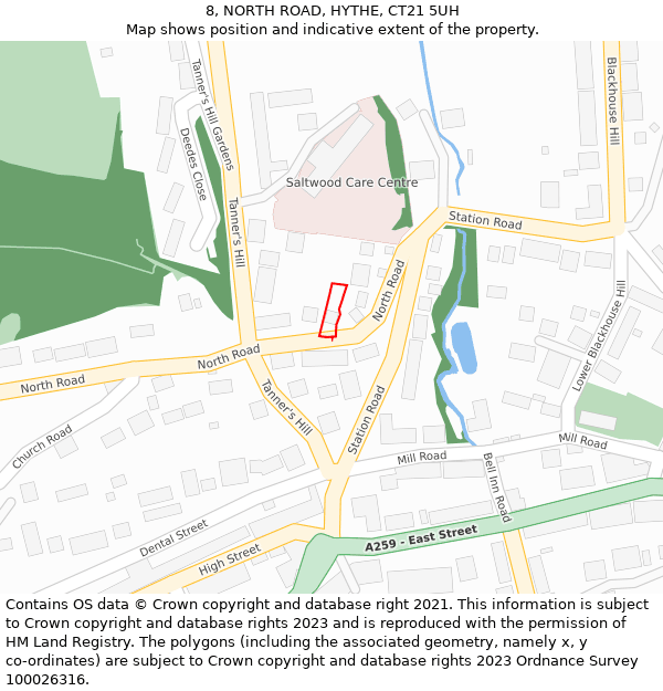 8, NORTH ROAD, HYTHE, CT21 5UH: Location map and indicative extent of plot