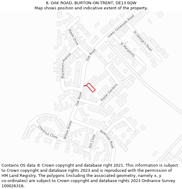 8, OAK ROAD, BURTON-ON-TRENT, DE13 0QW: Location map and indicative extent of plot