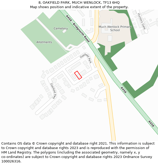 8, OAKFIELD PARK, MUCH WENLOCK, TF13 6HQ: Location map and indicative extent of plot