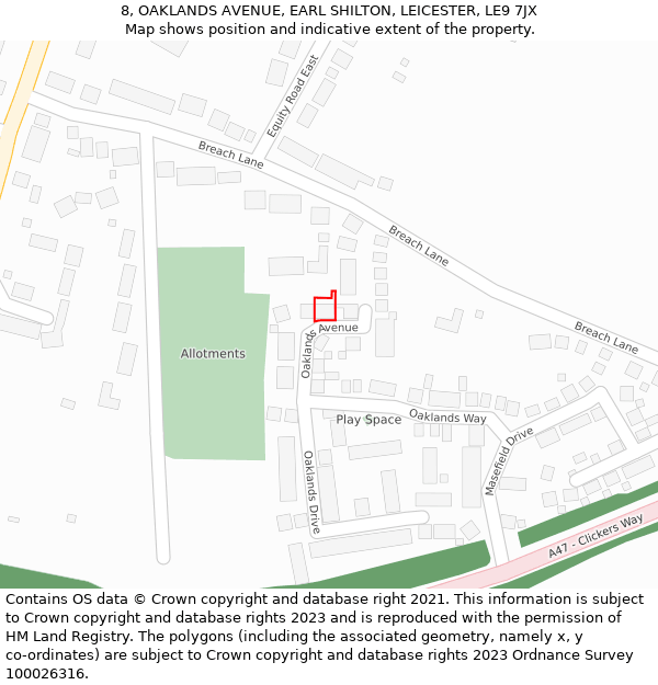 8, OAKLANDS AVENUE, EARL SHILTON, LEICESTER, LE9 7JX: Location map and indicative extent of plot