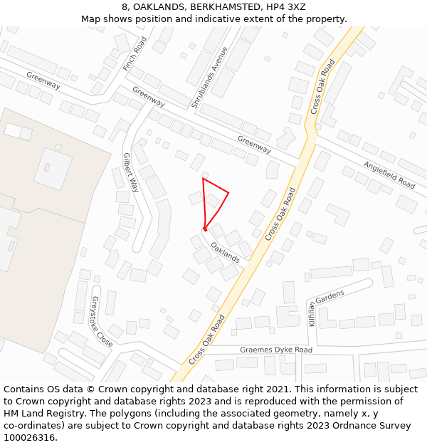 8, OAKLANDS, BERKHAMSTED, HP4 3XZ: Location map and indicative extent of plot