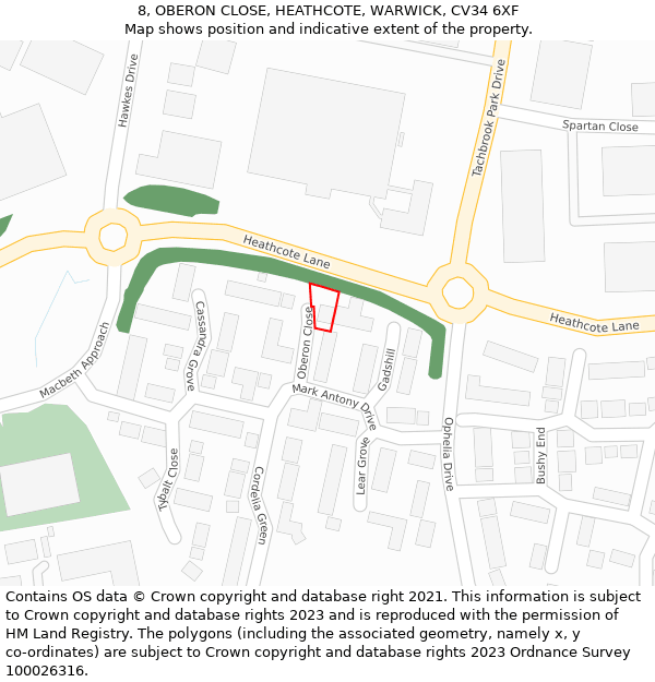 8, OBERON CLOSE, HEATHCOTE, WARWICK, CV34 6XF: Location map and indicative extent of plot