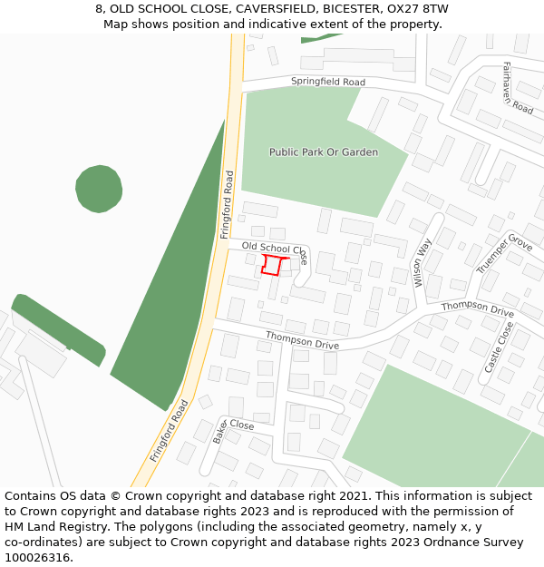 8, OLD SCHOOL CLOSE, CAVERSFIELD, BICESTER, OX27 8TW: Location map and indicative extent of plot