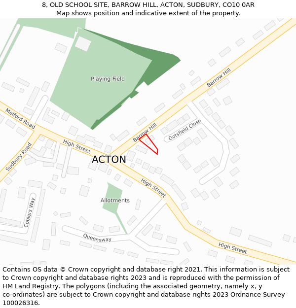 8, OLD SCHOOL SITE, BARROW HILL, ACTON, SUDBURY, CO10 0AR: Location map and indicative extent of plot