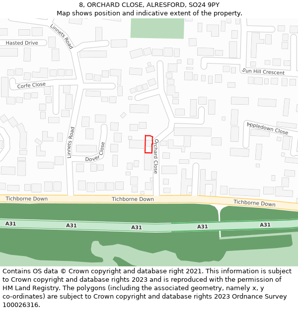 8, ORCHARD CLOSE, ALRESFORD, SO24 9PY: Location map and indicative extent of plot