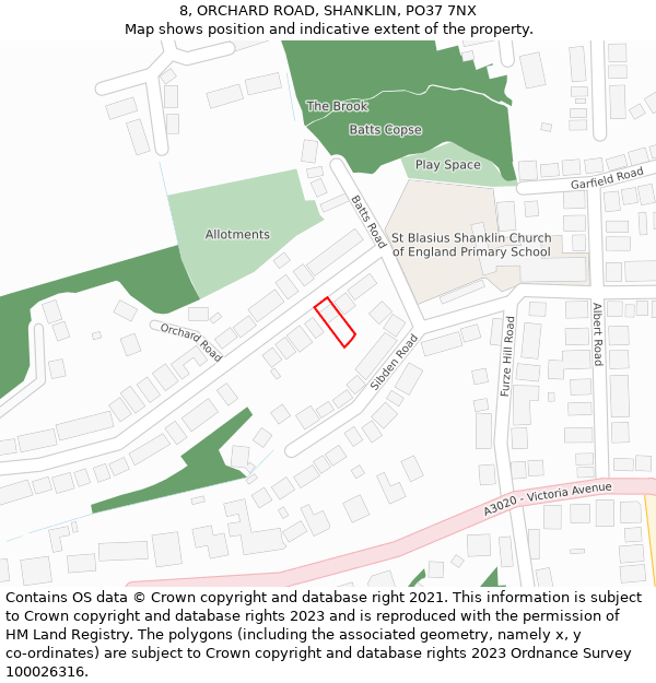 8, ORCHARD ROAD, SHANKLIN, PO37 7NX: Location map and indicative extent of plot