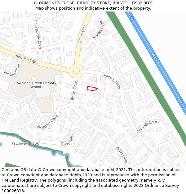 8, ORMONDS CLOSE, BRADLEY STOKE, BRISTOL, BS32 0DX: Location map and indicative extent of plot