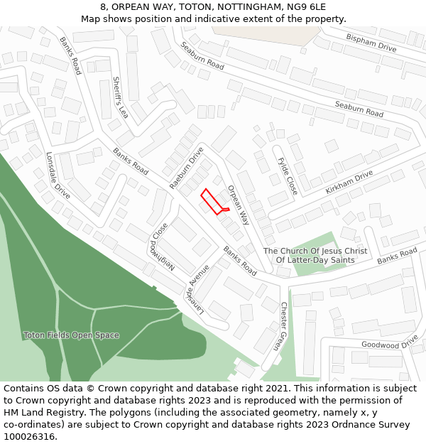 8, ORPEAN WAY, TOTON, NOTTINGHAM, NG9 6LE: Location map and indicative extent of plot