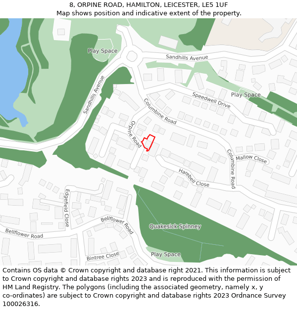 8, ORPINE ROAD, HAMILTON, LEICESTER, LE5 1UF: Location map and indicative extent of plot