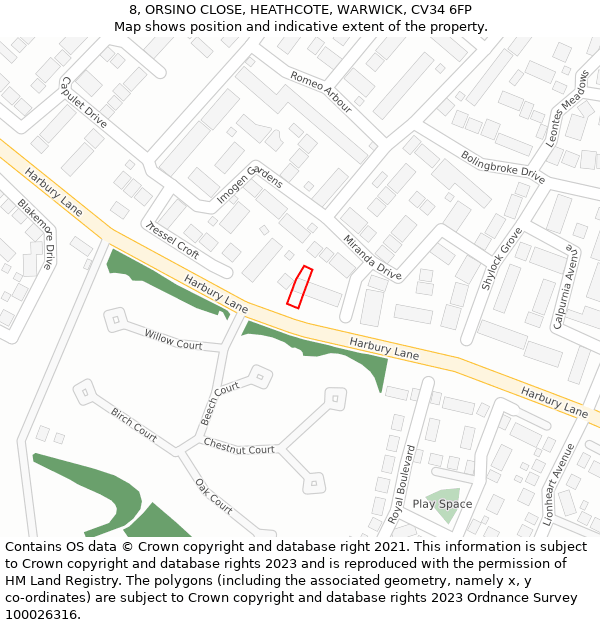 8, ORSINO CLOSE, HEATHCOTE, WARWICK, CV34 6FP: Location map and indicative extent of plot