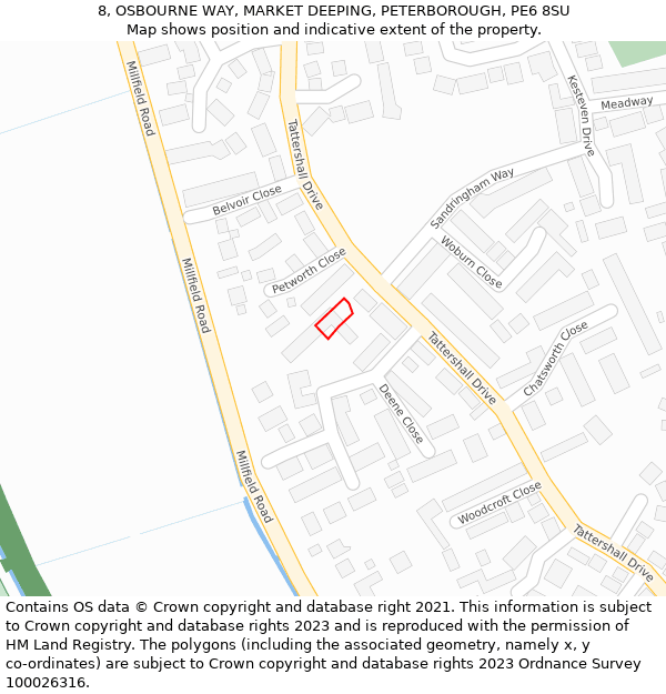 8, OSBOURNE WAY, MARKET DEEPING, PETERBOROUGH, PE6 8SU: Location map and indicative extent of plot