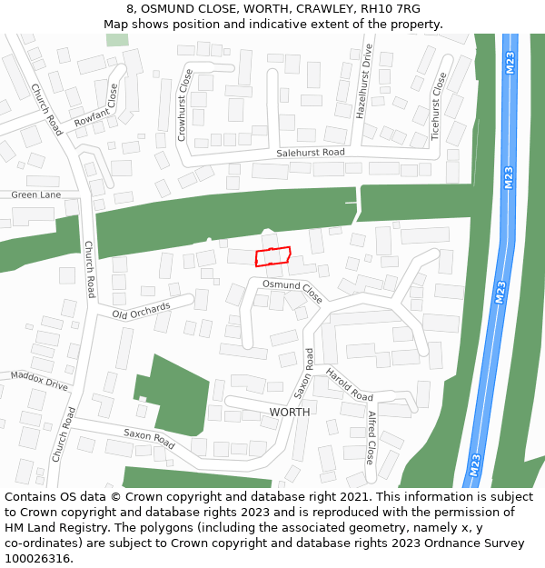 8, OSMUND CLOSE, WORTH, CRAWLEY, RH10 7RG: Location map and indicative extent of plot