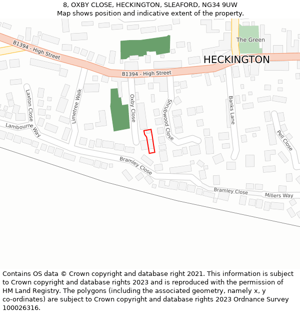 8, OXBY CLOSE, HECKINGTON, SLEAFORD, NG34 9UW: Location map and indicative extent of plot