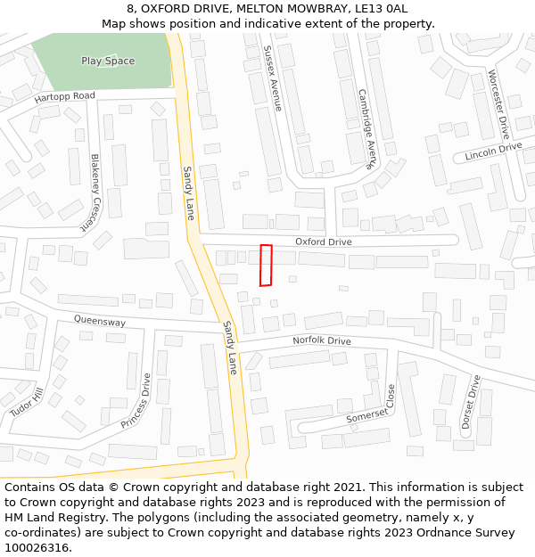 8, OXFORD DRIVE, MELTON MOWBRAY, LE13 0AL: Location map and indicative extent of plot