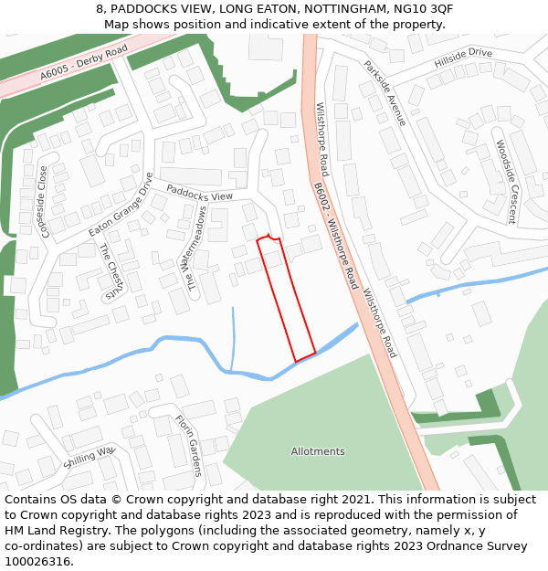 8, PADDOCKS VIEW, LONG EATON, NOTTINGHAM, NG10 3QF: Location map and indicative extent of plot