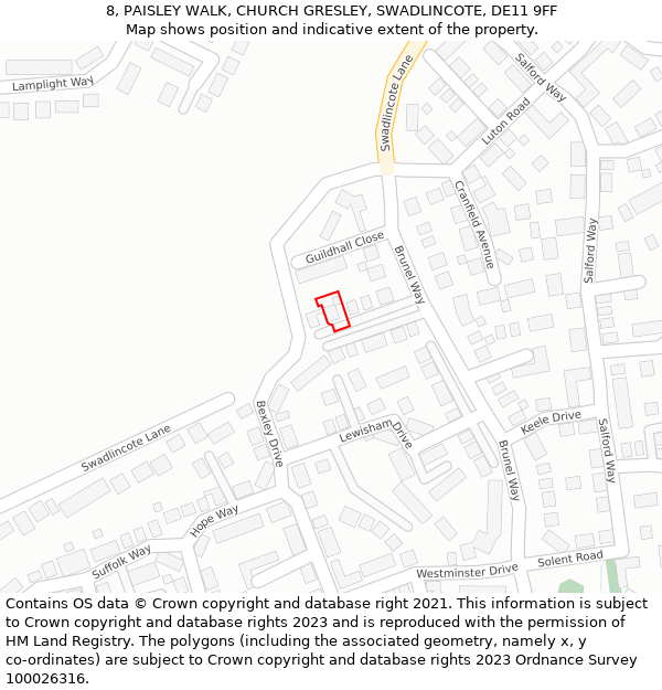 8, PAISLEY WALK, CHURCH GRESLEY, SWADLINCOTE, DE11 9FF: Location map and indicative extent of plot