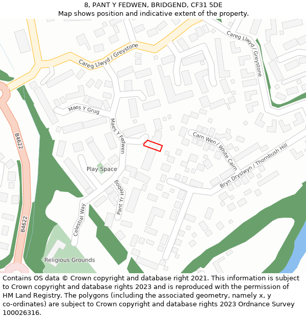 8, PANT Y FEDWEN, BRIDGEND, CF31 5DE: Location map and indicative extent of plot