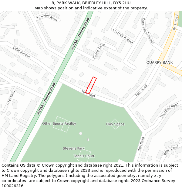 8, PARK WALK, BRIERLEY HILL, DY5 2HU: Location map and indicative extent of plot