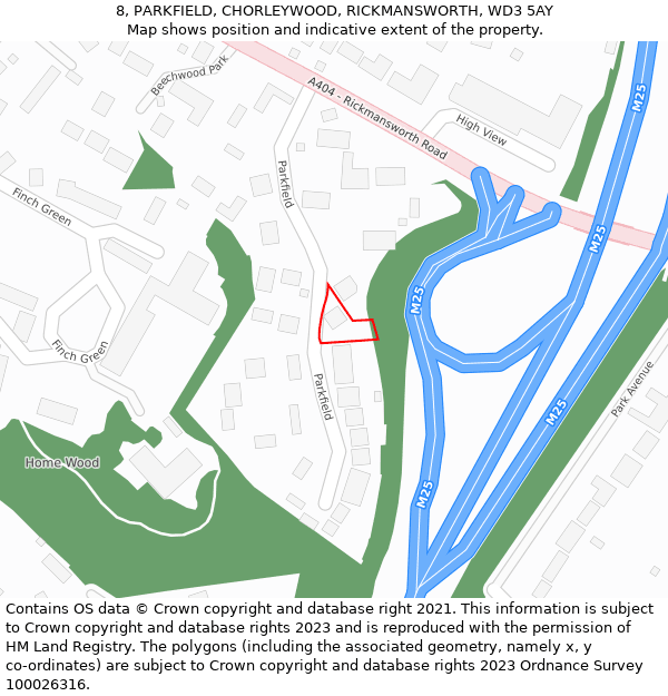 8, PARKFIELD, CHORLEYWOOD, RICKMANSWORTH, WD3 5AY: Location map and indicative extent of plot