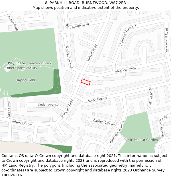 8, PARKHILL ROAD, BURNTWOOD, WS7 2ER: Location map and indicative extent of plot