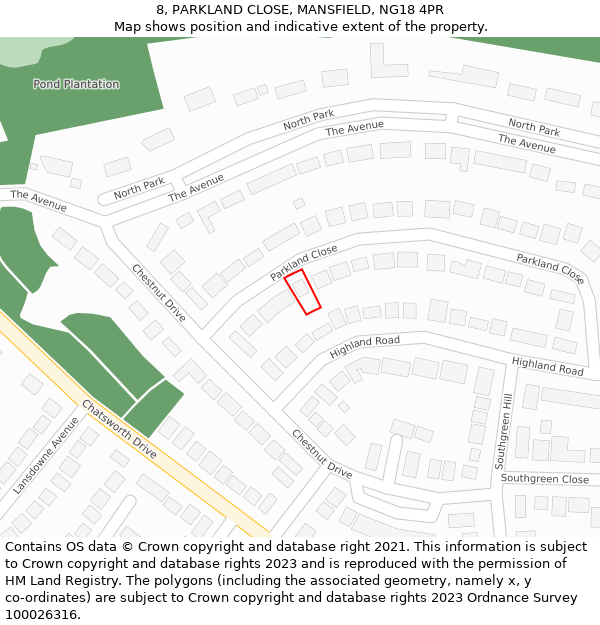 8, PARKLAND CLOSE, MANSFIELD, NG18 4PR: Location map and indicative extent of plot