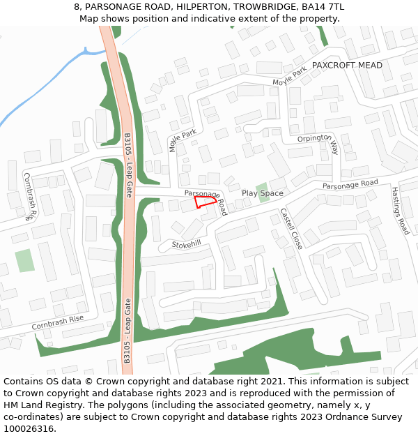 8, PARSONAGE ROAD, HILPERTON, TROWBRIDGE, BA14 7TL: Location map and indicative extent of plot