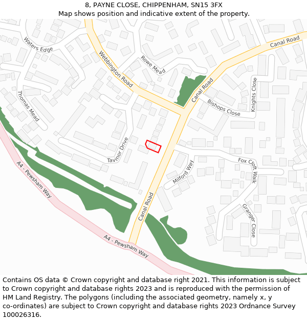 8, PAYNE CLOSE, CHIPPENHAM, SN15 3FX: Location map and indicative extent of plot