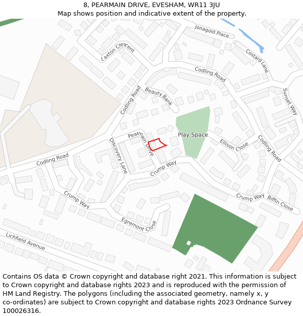 8, PEARMAIN DRIVE, EVESHAM, WR11 3JU: Location map and indicative extent of plot