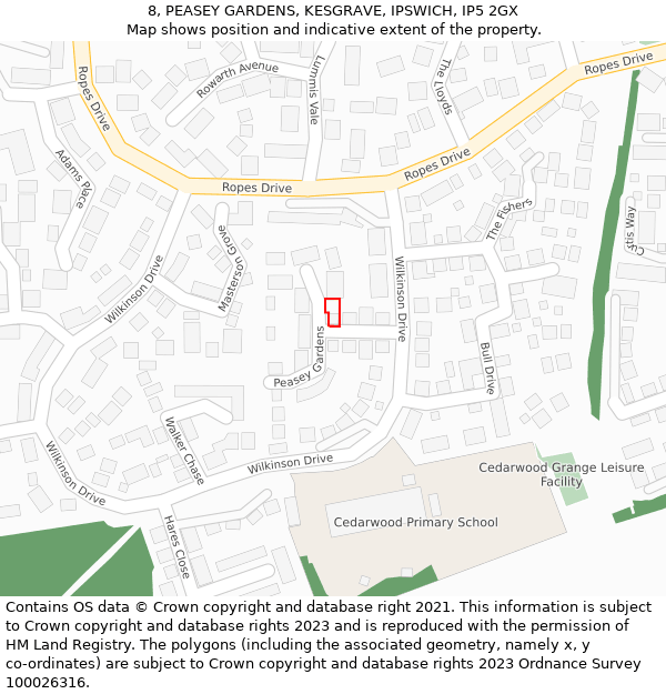 8, PEASEY GARDENS, KESGRAVE, IPSWICH, IP5 2GX: Location map and indicative extent of plot