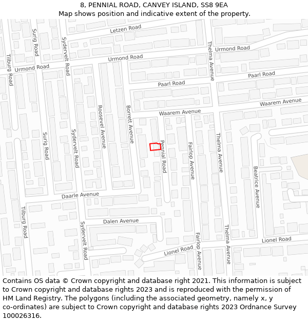 8, PENNIAL ROAD, CANVEY ISLAND, SS8 9EA: Location map and indicative extent of plot