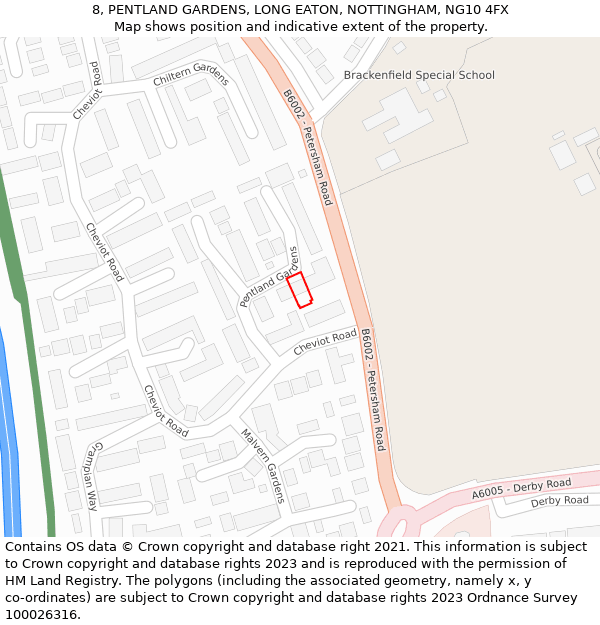 8, PENTLAND GARDENS, LONG EATON, NOTTINGHAM, NG10 4FX: Location map and indicative extent of plot