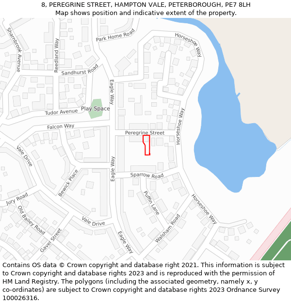 8, PEREGRINE STREET, HAMPTON VALE, PETERBOROUGH, PE7 8LH: Location map and indicative extent of plot