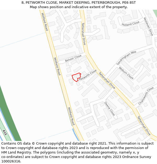 8, PETWORTH CLOSE, MARKET DEEPING, PETERBOROUGH, PE6 8ST: Location map and indicative extent of plot