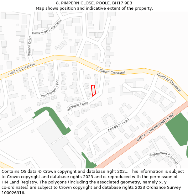 8, PIMPERN CLOSE, POOLE, BH17 9EB: Location map and indicative extent of plot