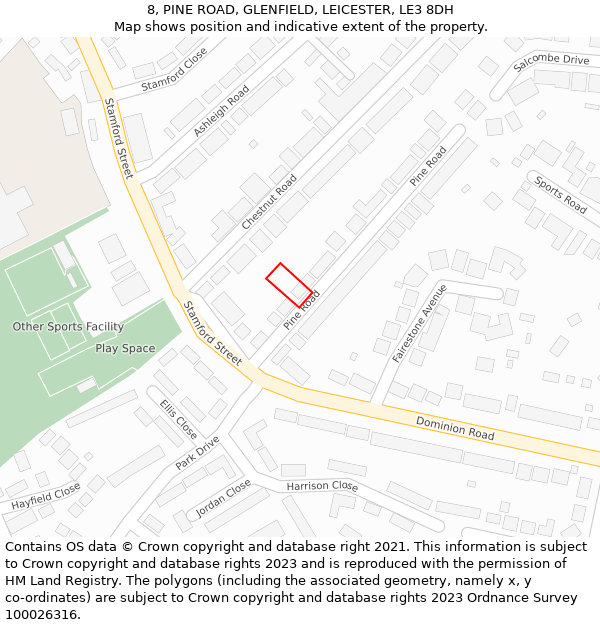 8, PINE ROAD, GLENFIELD, LEICESTER, LE3 8DH: Location map and indicative extent of plot