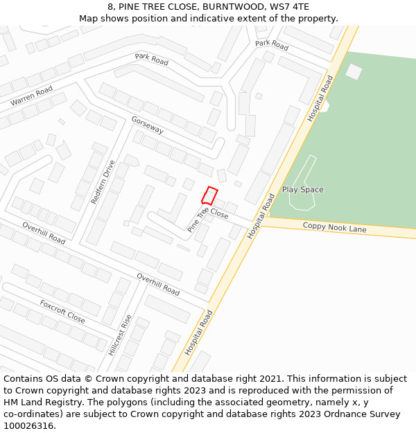 8, PINE TREE CLOSE, BURNTWOOD, WS7 4TE: Location map and indicative extent of plot