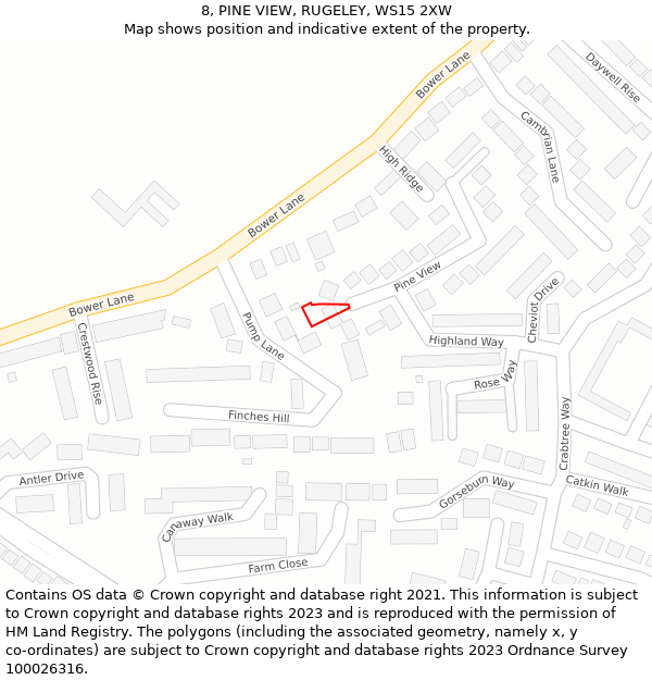 8, PINE VIEW, RUGELEY, WS15 2XW: Location map and indicative extent of plot