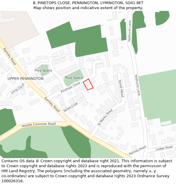 8, PINETOPS CLOSE, PENNINGTON, LYMINGTON, SO41 8ET: Location map and indicative extent of plot