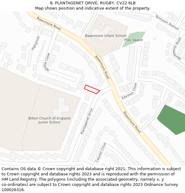 8, PLANTAGENET DRIVE, RUGBY, CV22 6LB: Location map and indicative extent of plot