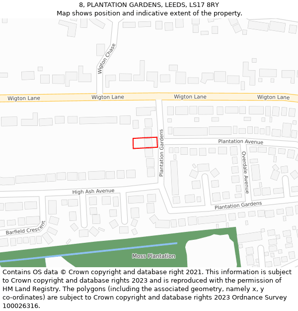 8, PLANTATION GARDENS, LEEDS, LS17 8RY: Location map and indicative extent of plot