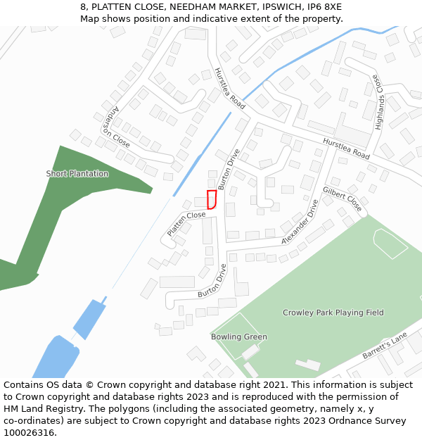 8, PLATTEN CLOSE, NEEDHAM MARKET, IPSWICH, IP6 8XE: Location map and indicative extent of plot